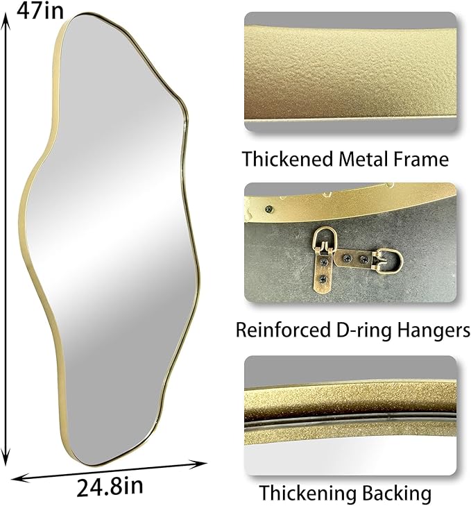 Irregular Wall Mirror, 47.2"x21.5" Asymmetrical Mirror with Gold Metal Frame, Cloud Shaped Waved Decorative Mirrors for Living Room Bathroom Bedroom Hallway Entryway Fireplace