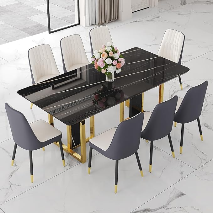 TesNus 79" Black Dining Table Set for 8 with Chairs,Large Faux Marble Kitchen Table and Chairs Set Rectangular 9 Piece Dining Room Set with Gold Metal Legs,Easy Assemble,Stable Base