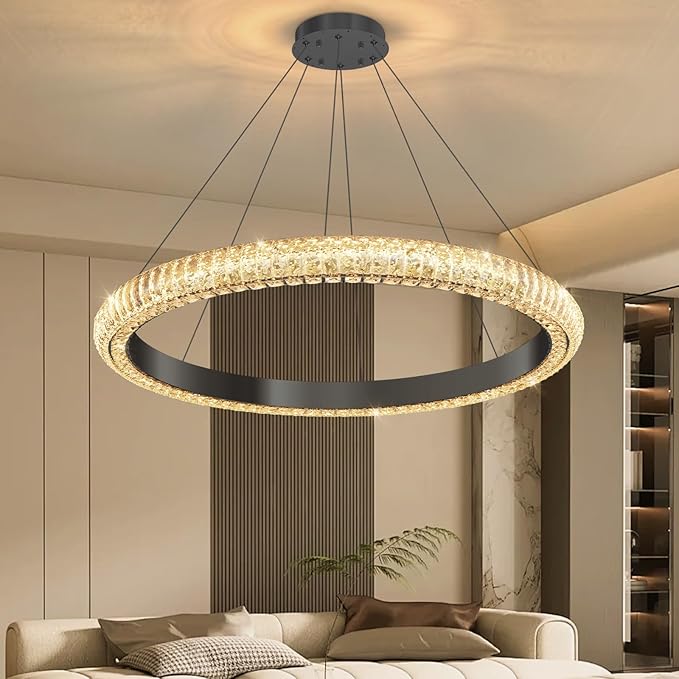 32" 1 Ring Crystal Chandelier Modern LED Dimmable Ring Pendant Light Chandelier for Dining Room Living Room Black