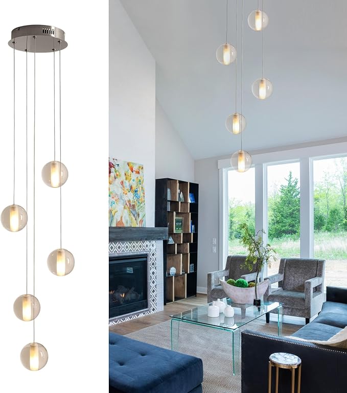 5 Lights Nickel Foyer Chandeliers for High Ceilings Raindrop Crystal Ball Staircase Chandelier Dimmable LED Entryway Pendant Light Hanging for Dining Room Hallway, Include Bulbs