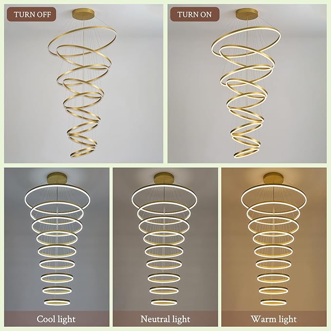 9-Rings D39.4’’ Modern LED Chandelier Gold Dimmable Foyer Chandeliers Entryway High Ceiling Chandelier with Remote Control for Staircase Entryway Living Room Foyer, 3000K-6500K