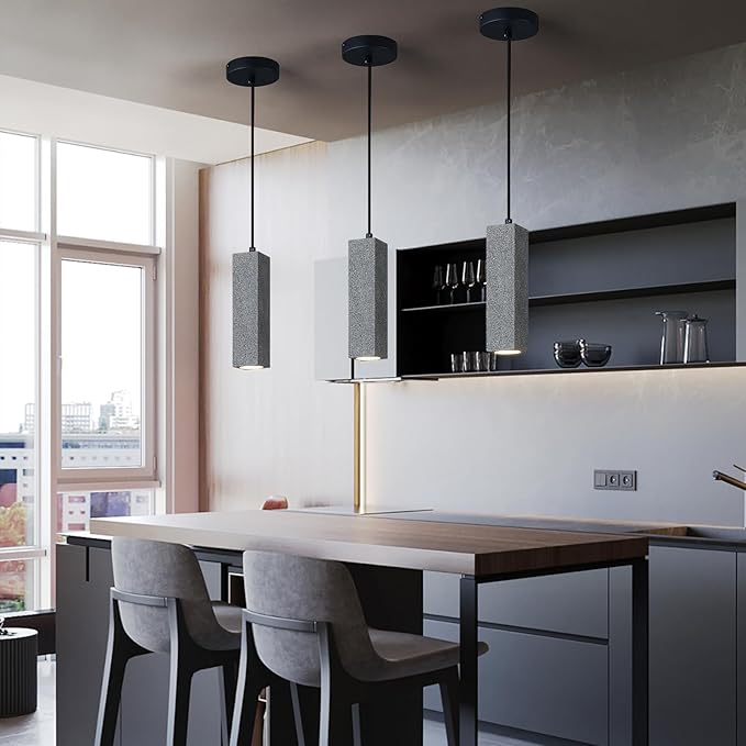 Modern Black Square LED Concrete Pendant Light Kitchen Islandceiling Light Fixture Pendant Lighting for Dining Room Coffee Club Resturant Bar Living Room(3-Pack)