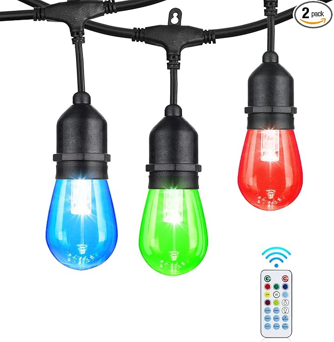 24FT Solar Outdoor String Lights, 12 Shatterproof Edison LED Bulbs, Dimmable RGB Color Changing Patio Lights Waterproof with Remote. for Patio Decor, Garden, Yard, Party, Bistro