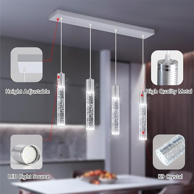 4-Lights Mini Crystal Pendant Light for Kitchen Island, Modern Led Crystal Chandelier for Dining Room Living Room 6000K