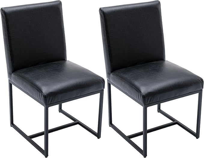 VESCASA Faux Leather Upholstered Dining Chairs with Black Metal Frame, Mid Century Modern Padded Kitchen Chair with Adjustable Foot Pads for Restaurant, Dining Room, Set of 2, Black