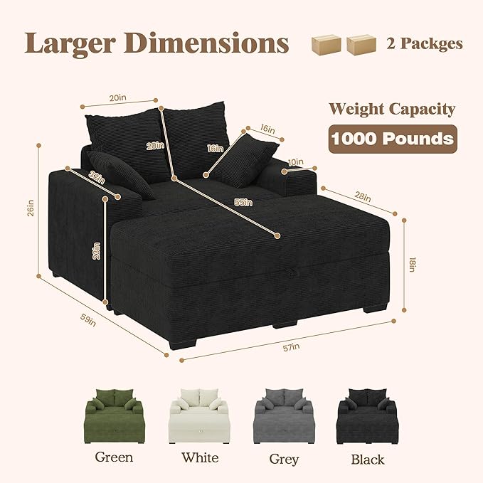 Indoor Chaise Lounge Chair with Storage Ottoman, Modern 60-Inch Lounge Sofa Chair with Wide Armrests & 4 Pillows, Oversized Comfy Reading Lounger for Living Room, Bedroom（Medium-Rib Corduroy Black）