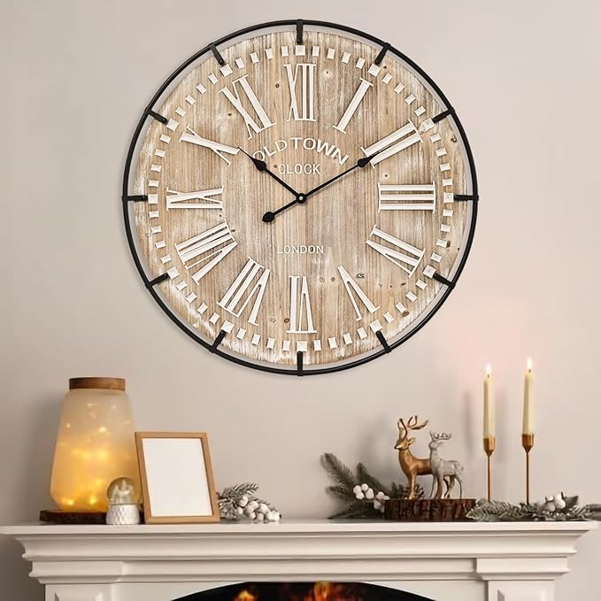 Large Wall Clock –30 Inch Farmhouse Clock -Extra Large 30 Inch Wood and Metal Wall Clock, Silent and Battery Operated for Living Room, Kitchen and Office Decor