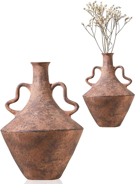 UPWOIGH 14x9.06 in Tall Vintage Ceramic Vase with Handles, Antique Terracotta Pottery Vase for Living Room Table Decor, Rustic Farmhouse Bedroom Decoration, Distressed Brown with Black Markings, Gift