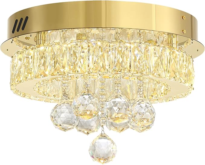 Flashing God 12" Modern Crystal Chandeliers Flush Mount Ceiling Light Gold Chandelier for Hallway LED Dimmable Light Fixture for Dining Room Living Room Bedroom