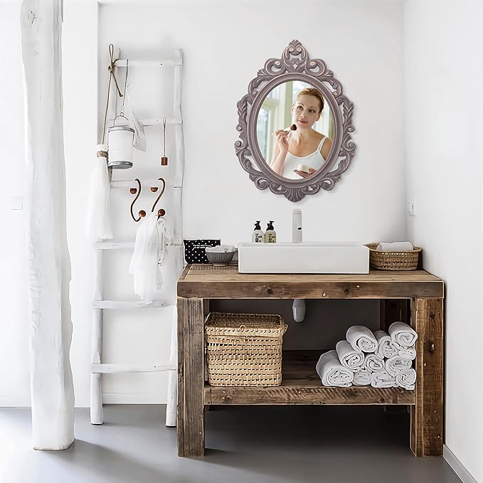 Hanging Wall Mirror Wall Decor Vintage Brown Antique Oval Carved Wood Frame Bathroom Mirror Vanity Rustic Wall Mounted Mirrors Decorative Farmhouse Mirrors for Bedroom Living Room 20"x16"