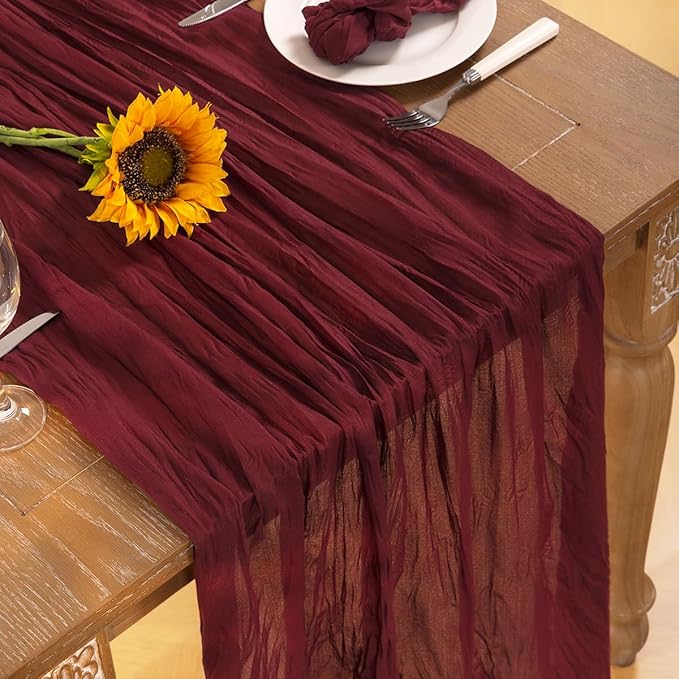 Burgundy Red Cheesecloth Table Runner 4 Pack Fall Table Runners Boho Gauze 120 Inches Red Cheese Cloth Fall Table Decorations for Thanksgiving Christmas Weddings Bridal Shower Candlelight