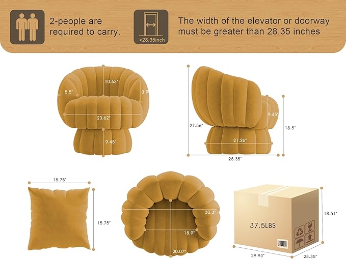 Mid Century Modern 360 Degree Barrel Swivel Accent Sofa Chair,Fluffy Velvet Fabric Lounge Wide Upholstered Pumpkin Reading Chair, Round Cloud Armchair for Living Room,Bedroom,Vanity(Mustard)
