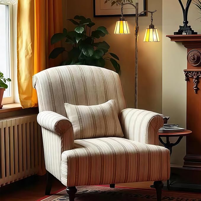 Vintage Dimmable Floor Lamp, Tiffany Standing Lamp with 2 Stained Glass Shades, Rustic Farmhouse Floor Lamp with Bronze Finish for Living Room Bedroom