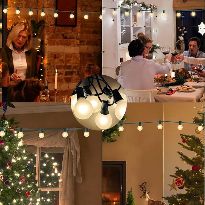 SUNSGNE G40 Round Christmas Lights Outdoor, 25ft Vintage Christmas Globe Lights with 27 5W Frosted White Lights(2 Spare) for Outdoor Garden Party Wedding Backyard Patio Decor, Green Wire