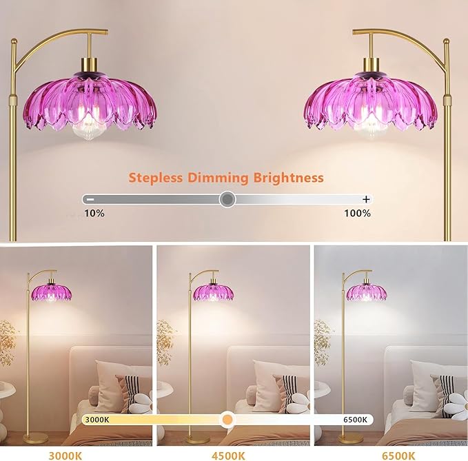 Floor Lamp for Living Room,Bedroom,Gold Dimmable Standing Lamp with Remote,Mid Century Modern Brass Tall Lamp Retro Vintage Purple Glass Lamp Floor Light Boho Bohemian