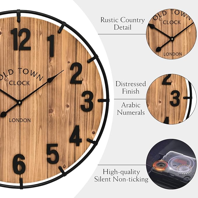 20 Inch Farmhouse Wall Clock Large Old Town Vintage Rustic Wooden Clock with Metal Rim and Large Numerals, Silent Battery-Operated for Office, Kitchen, Bedroom, and Living Room