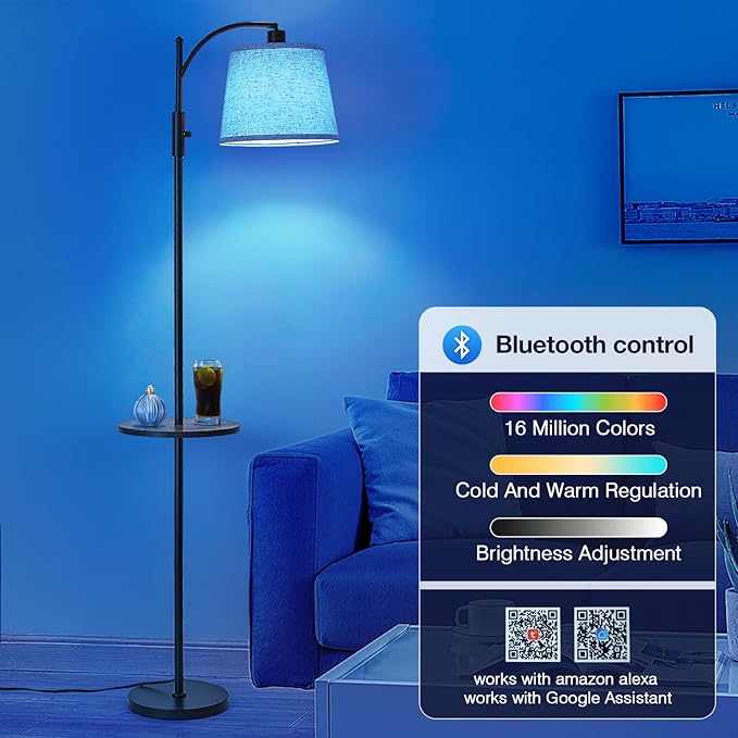 AIDENOEY Smart Floor Lamp with Side Table | Stepless Dimming, RGB Multi-Color | Adjustable Swivel Head | Voice Control with Alexa & Google Assistant |Black Lamp for Living Room,Bedroom,Home Office