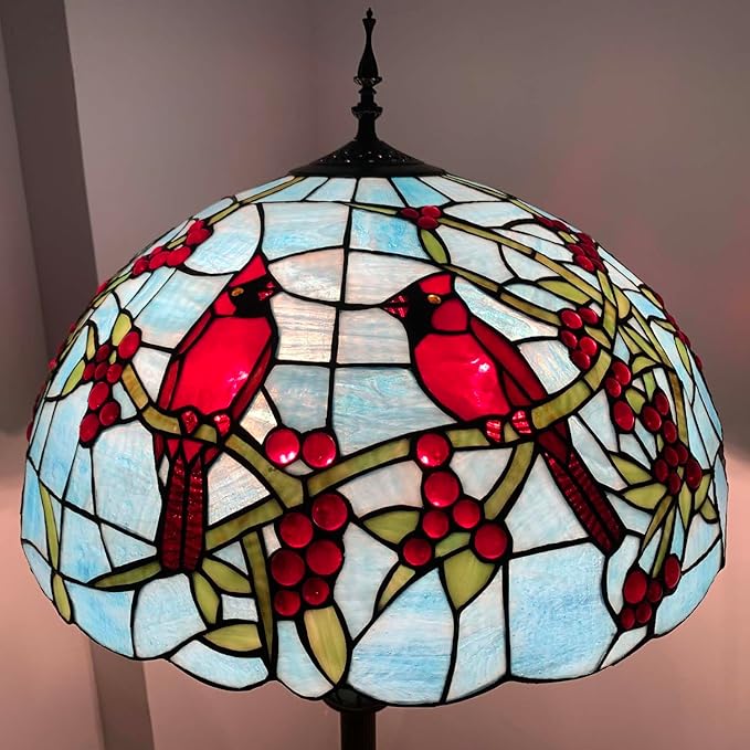 Bieye L10894 Red Cardinals on Holly Branches Tiffany Style Stained Glass Floor Lamp with 20-inch Wide Lampshade, Double-Lit, 64-inch Tall