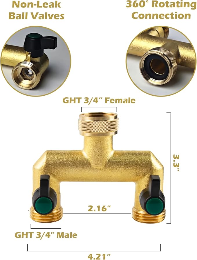 Gleiven Garden Hose Splitter, 3/4" Tap T Splitter, T-Shape Valve, 2-Way Tap Connector with Individual On/Off