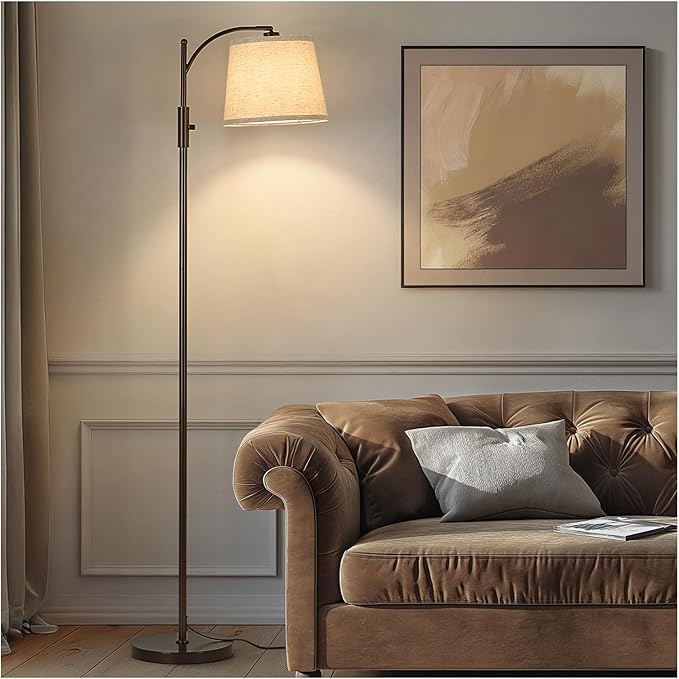 AIDENOEY Fully Dimmable Floor Lamp for Living Room，Standing Lamp Rotary Switch with Linen Beige Shade，Brown Tall Lamps for Bedroom with Adjust Head，9W LED Bulb Included