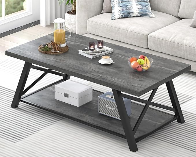 EXCEFUR Coffee Table, Industrial Wood and Metal Center Table for Living Room, Rectangle Cocktail Tea Table with Storage Shelf, Rustic Grey, 47 Inch