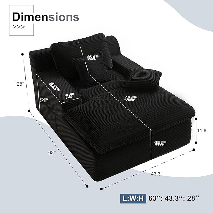 63" Oversized Chaise Lounge Chair Indoor, Extra Cloud Layer, Convertible Sleeper Sofa Couch with Removable Pillows & Side Pockets, Corduroy Upholstered Sofa Bed with Armrests for Living Room, Black
