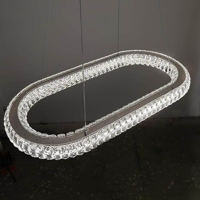 Oval Crystal Chandelier, 31.5'' Chrome Crystal Ring Pendant Light for Kitchen Island Modern Linear Oval Chandeliers for Dining Room Dimmable 3000K-6000K