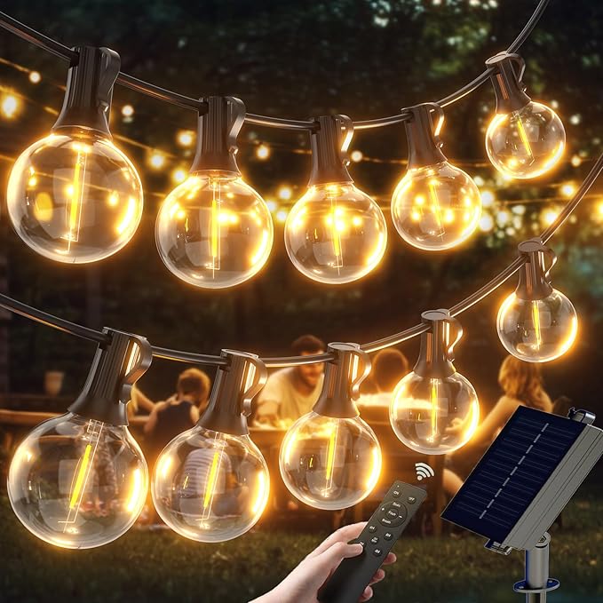 G40 Solar String Lights Outdoor with Remote 100 FT, USB & Solar Dual Charging, Waterproof, 8 Modes 3 Timers, 34+3 LED Globe Shatterproof Bulbs, Dimmable Solar Light for Camping Backyard Porch Garden