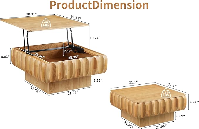 31" Lift Top Coffee Table for Living Room, Fluted Coffee Table with Hidden Storage, Mid Century Modern Solid Wood Veneer Square Center Table for Office Apartment Small Space, Natural