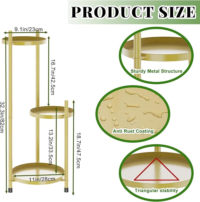 Metal Plant Stands Outdoor, 3 Tier Corner Plant Stands for Indoor Plants Tall, Golden Flower Pot Display Stand Plant Shelf for Patio Clearance Garden Balcony Living Room Gardening