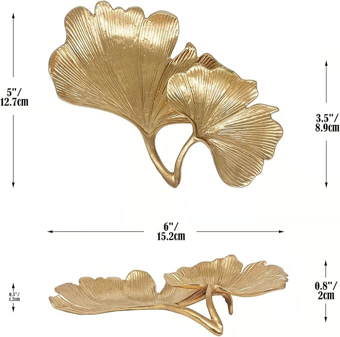 Metal Jewelry Dish, Small Leaf Shaped Ring Holder Jewelry Organizer, Trinket Dish Vanity Tray for Dresser Christmas Birthday Wedding Gifts 2-Tier Ginkgo-Gold