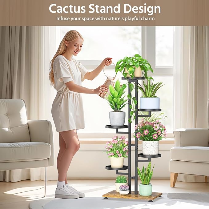 LASZOLA Black 5 Tiered Plant Stand Indoors Heavy Duty Metal Rack, Sturdy Multi Level Shleving Hold Flowers, Larger House Decorate Ladder for Planting Inside Tree Herb Cactus, Wooden Base, Space Saving