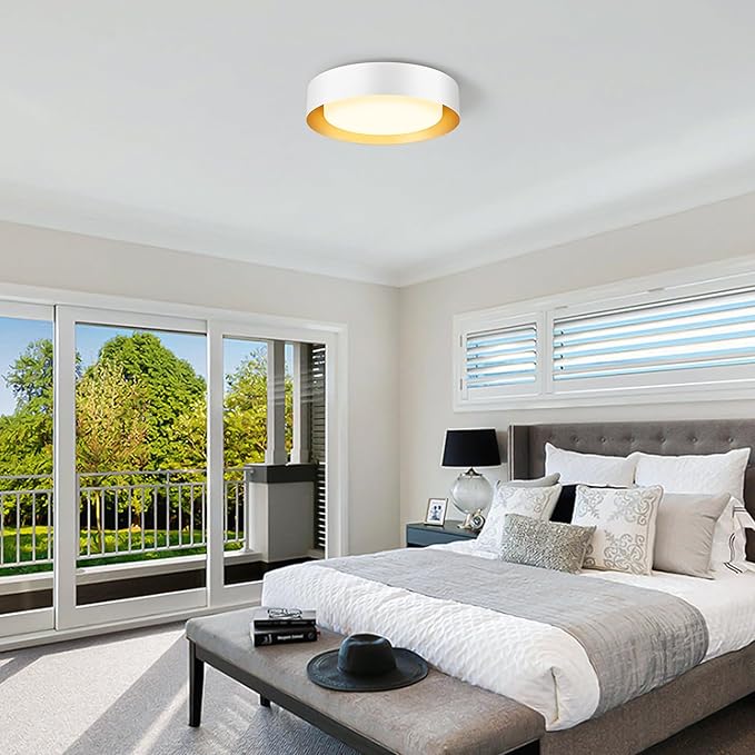 Modern Flush Mount Ceiling Lights,Minimalist 16.5IN Round Close to Ceiling Light Fixtures,White and Gold Metal Ceiling Lighting Lamp for Living Room,Dining Room,Kitchen,Bedroom