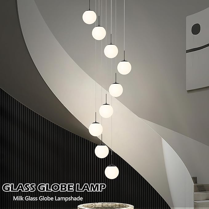 KoKo&Yukina 9-Light Globe Milky White Glass Pendant Light Adjustable Length Pendant Lights Modern Glass Globe Pendant Lights Black Chandeliers Large Chandeliers for High Ceilings (Bulb & Remote Incl)