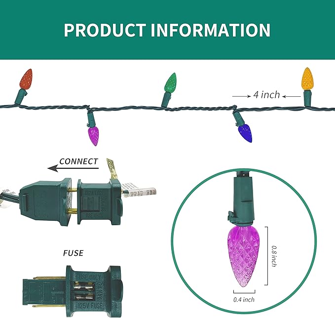 Christmas C3 Bulbs Light String 50 LED Multicolor Strawberry Xmas Tree Outdoor Indoor Waterproof Decoration Plug in 18 Feet Used for Patio Party Festive Courtyard Home (Multicolor)