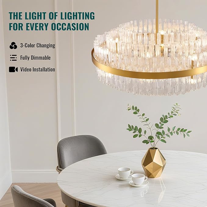 Siljoy 31.5 Inch Gold Round Chandelier, Modern Gold Crystal Chandelier with Raindrop Wave Glass Rods, Luxury 3-Way Dimmable LED Pendant Light Fixture for Living Dining Room Kitchen Island, G9 x 16