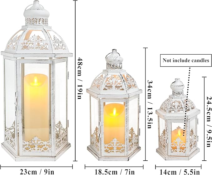 TRIROCKS Large Set of 3 Decorative Lanterns 19''&13.5''&9.5" H Vintage Hanging Lantern Metal Candleholder with Tempered Glass for Indoor Outdoor Home Decor Parties Garden(White with Grey Brush)