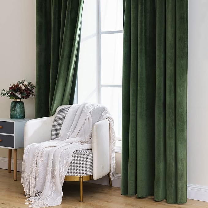 MIULEE Velvet Curtains 66 Inch Wide - Extra Wide Luxury Room Darkening Curtains for Sliding Door Bedroom Living Room Thermal Insulated Window Drapes Back Tab, Olive Green, W 66 x L 84 inch 2 Panels