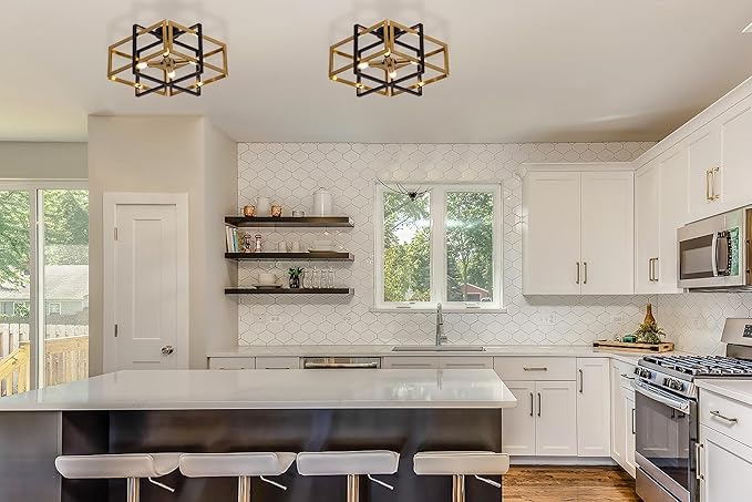 TOCHIC Flush Mount Ceiling Light, Black Gold Farmhouse Flush Mount Chandelier 4 Lights Industrial Metal Light Fixture for Dining Room, Living Room, Foyer, Hallway, Bedroom