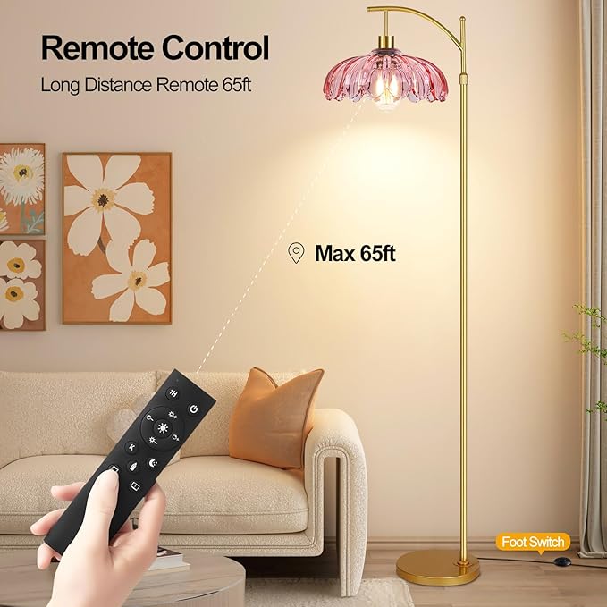 Floor Lamp for Living Room,Bedroom,Gold Dimmable Standing Lamp with Remote,Mid Century Modern Brass Tall Lamp Retro Vintage Pink Glass Lamp Floor Light Boho Bohemian
