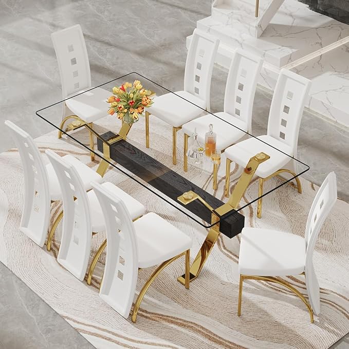 71'' Glass Dining Table Set for 8,9 Piece Dining Table Set with Open‑Frame X‑Shaped Golden Metal Base,Gold Kitchen Table and Chairs Ideal for Dining Room&Home Office
