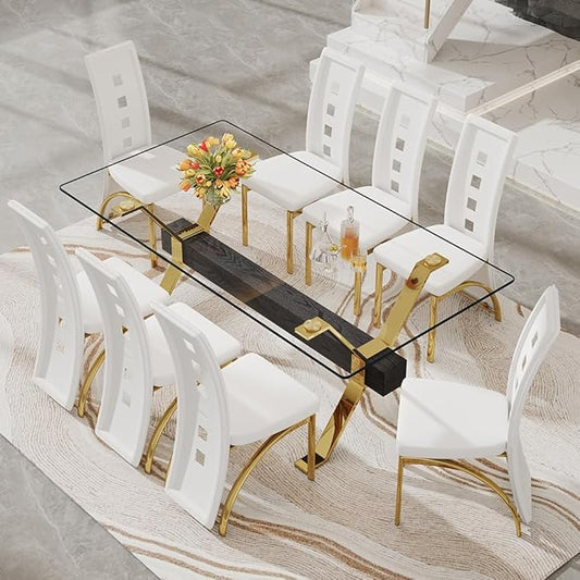 71'' Glass Dining Table Set for 8,9 Piece Dining Table Set with Open‑Frame X‑Shaped Golden Metal Base,Gold Kitchen Table and Chairs Ideal for Dining Room&Home Office