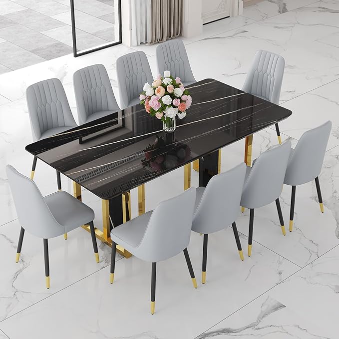 TesNus 79" Black Dining Table Set for 10 with Chairs,Large Faux Marble Kitchen Table and Chairs Set Rectangular 11 Piece Dining Room Set with Gold Metal Legs,Modern Design,Easy Assemble,Stable Base