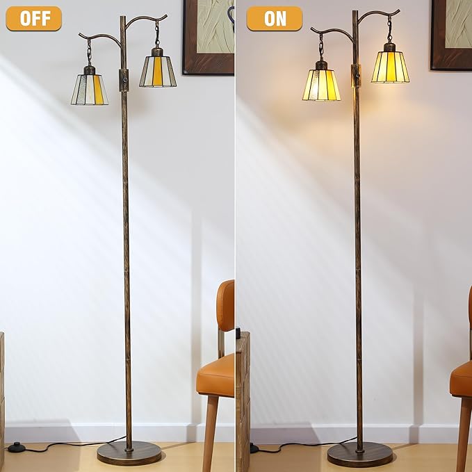 Vintage Dimmable Floor Lamp, Tiffany Standing Lamp with 2 Stained Glass Shades, Rustic Farmhouse Floor Lamp with Bronze Finish for Living Room Bedroom
