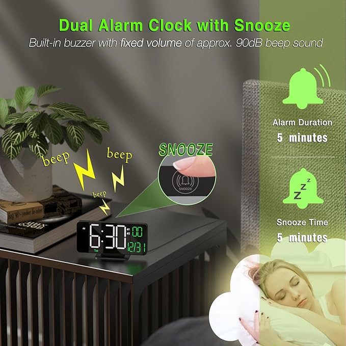 KOSUMOSU Digital Clock for Bedroom, 6.7in Black Alarm Clocks for Bedrooms,Auto Dimming, Date, Day of Week, Indoor Temperature,Digital Alarm Clock,Clocks for Living Room