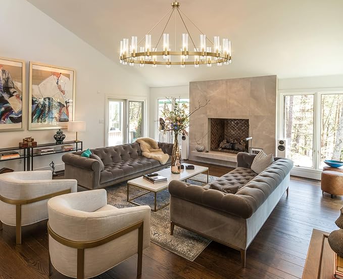 60 Inch Gold Chandelier, Wagon Wheel Chandelier with Glass Shade, 20-Lights Large Round Modern Farmhouse High Ceiling Pendant Lighting Fixture for Dining Room, Living Room, Kitchen, Foyer