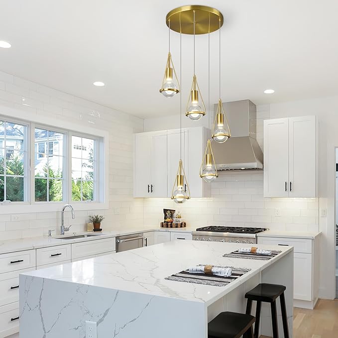 Gold Dandelion Pendant Light in Brushed Brass Finish, 5-Light Modern Crystal Kitchen Island Pendant Lighting Dimmable LED Hanging Ceiling Light Fixture for Bathroom Bedroom