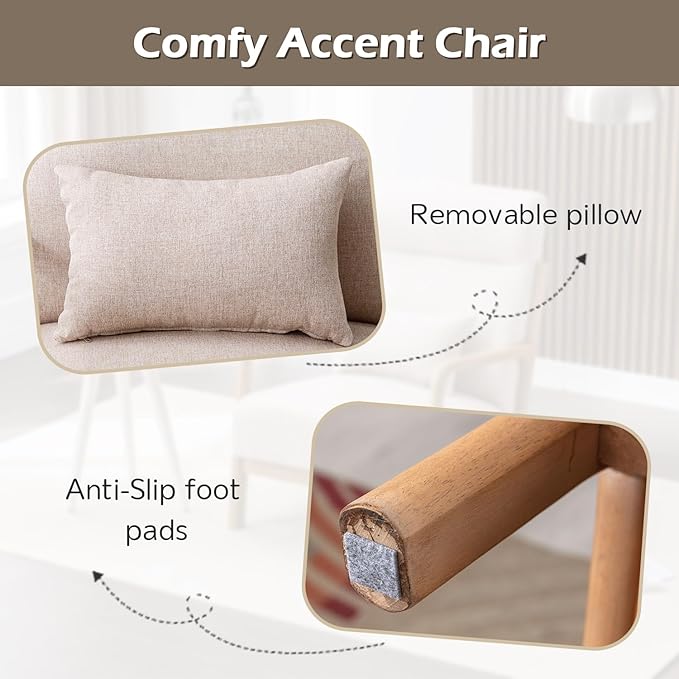 INZOY Mid Century Modern Accent Chair Set of 2, High Back Reading Armchair with Wood Frame, Upholstered Living Room Chairs with Waist Cushion, Single Lounge Arm Chair for Bedroom Sunroom, Beige