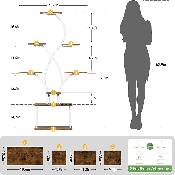 Plant Stand Indoor with Grow Lights - 62" Tall Plant Shelf Indoor, Lighted Corner Plant Stands for Indoor Plants, 8 Tiered Flower Spike-Shaped Rack for Living Room, Patio, Balcony Decor（White)