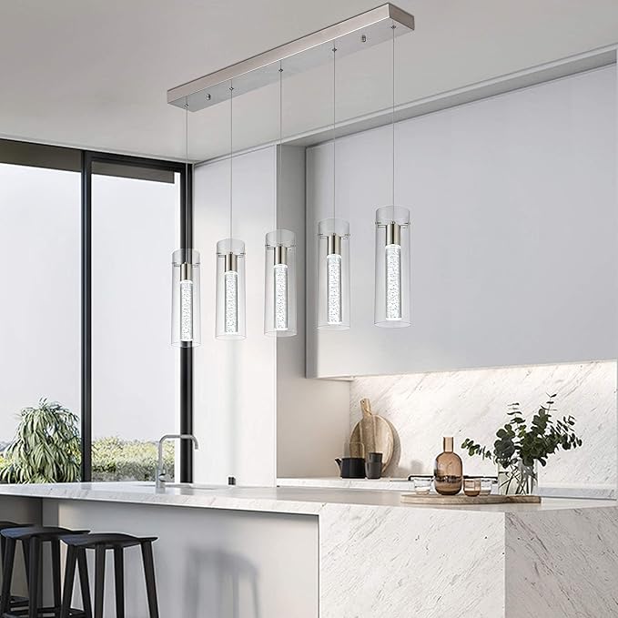 Modern Kitchen Lighting Pendant Fixtures 5-Light LED Pendant Ceiling Fixture Brushed Nickel Bubble Cylinder Pendant Light with Adjustable Length for Kitchen Island Dinning Room Bedroom